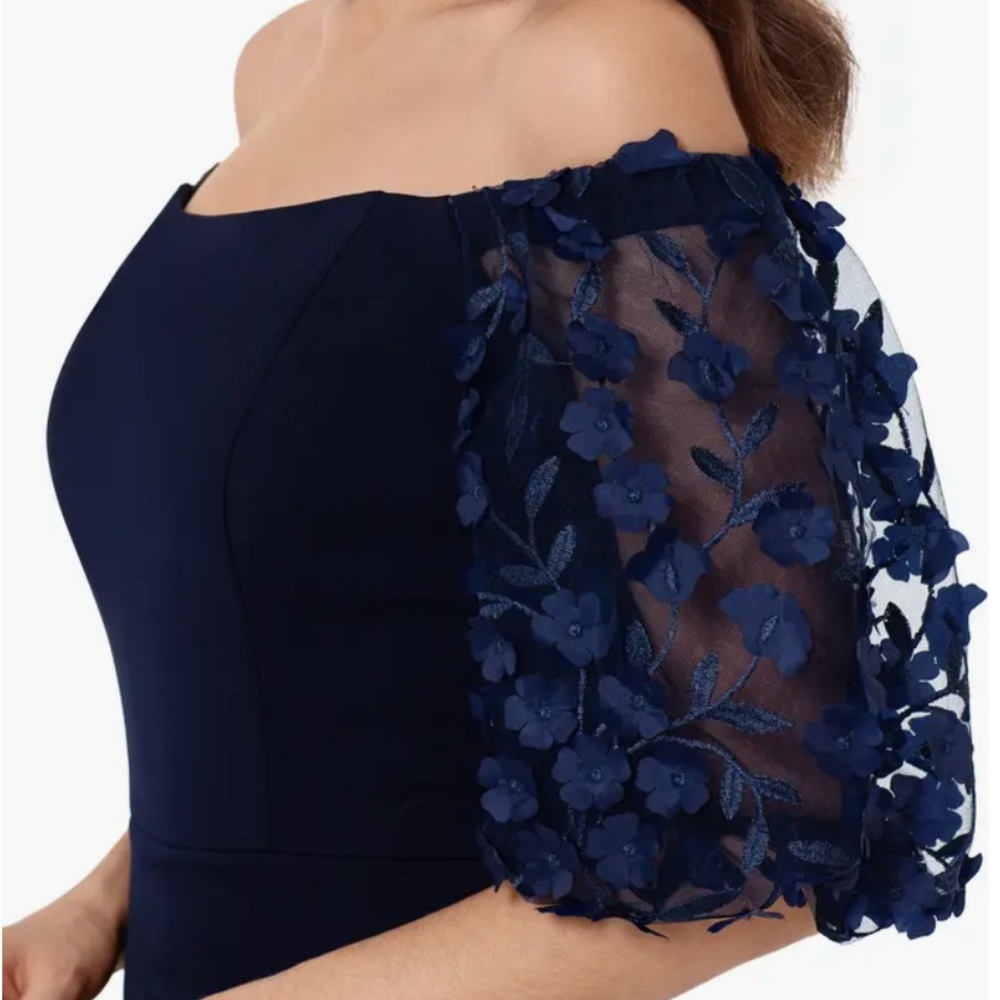 Xscape Navy Blue Off-Shoulder Wedding Dress